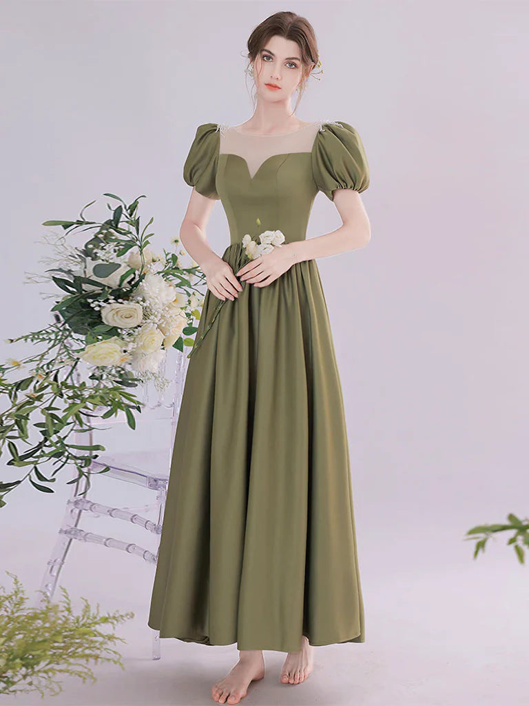 A-Line Green Satin Tea Length Prom Dress Green Long Formal Dress