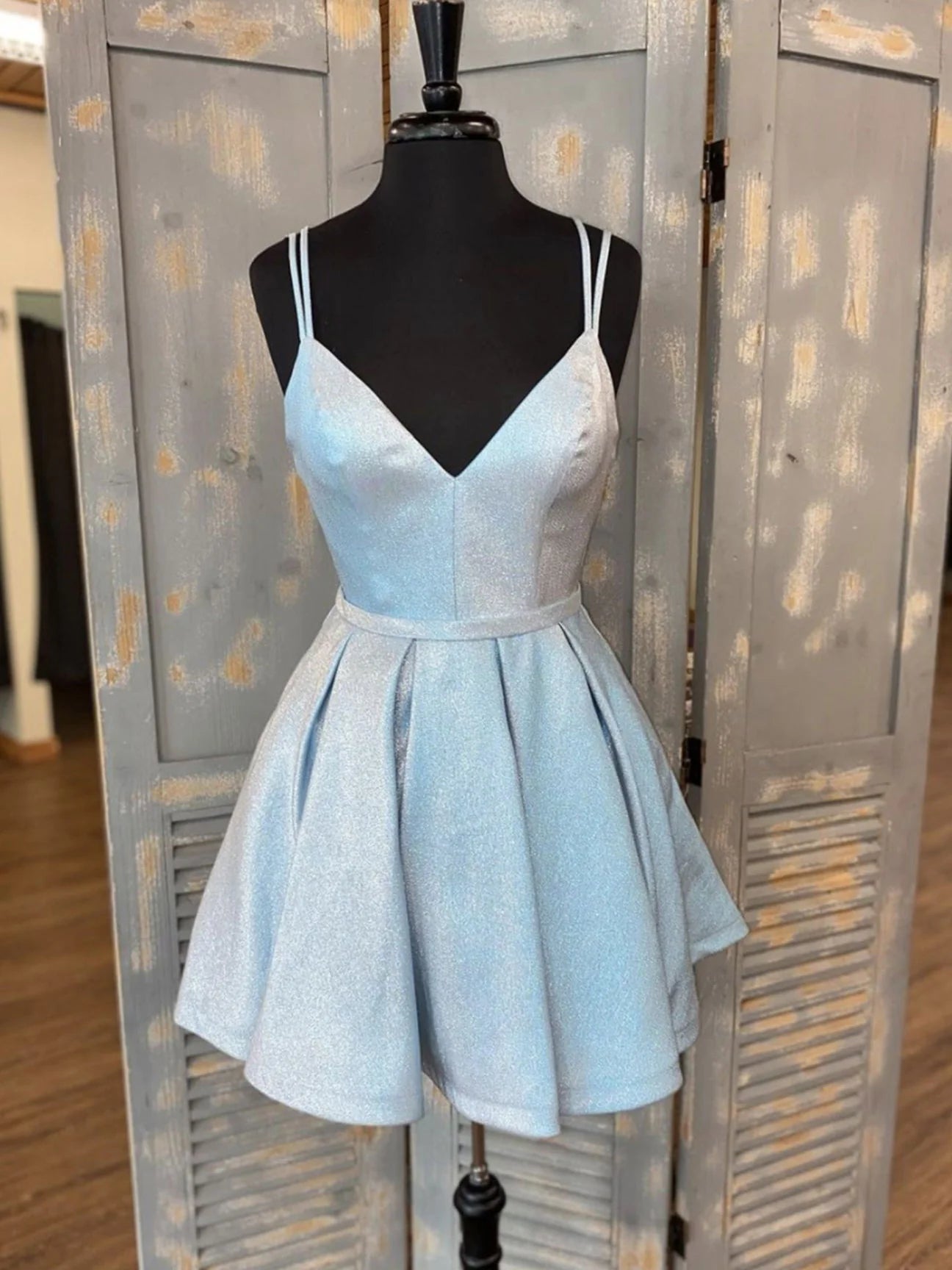 Simple v neck light blue short prom dress  blue homecoming dress
