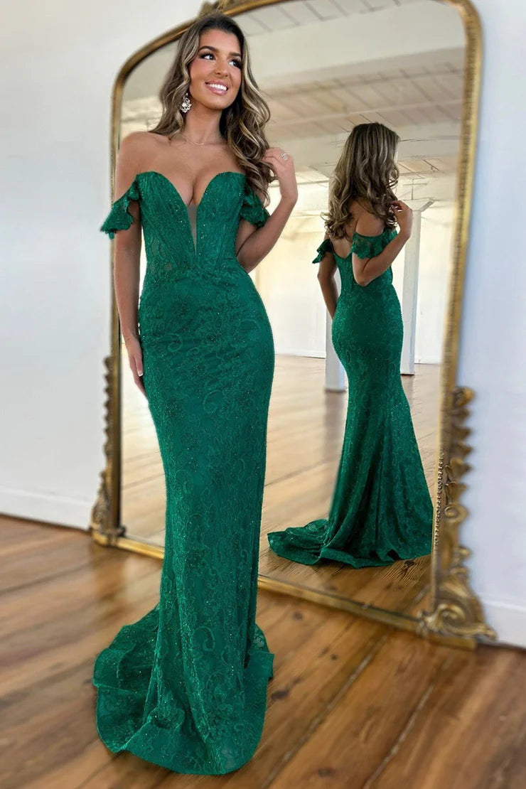 Elegant Mermaid Sweetheart Deep Green Lace Long Ball Dress with Beads
