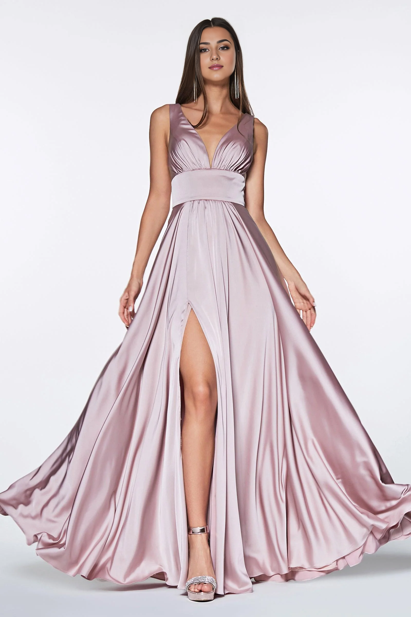 DingJiDress Bridesmaid Dresses Elegant Satin Pleated A-Line Sleeveless Deep V-Neckline Open Back Side Fork Charming Dress Wedding Guests Dresses