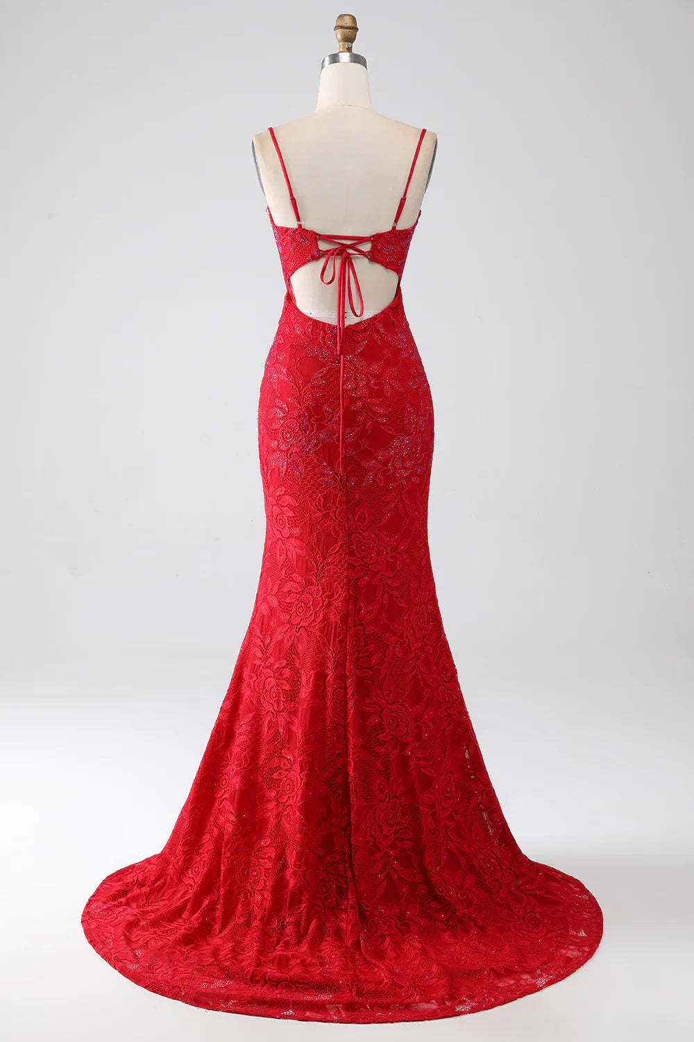 DingJiDress Red Mermaid Spaghetti Straps Beaded Lace Applique Prom Dress With Slit