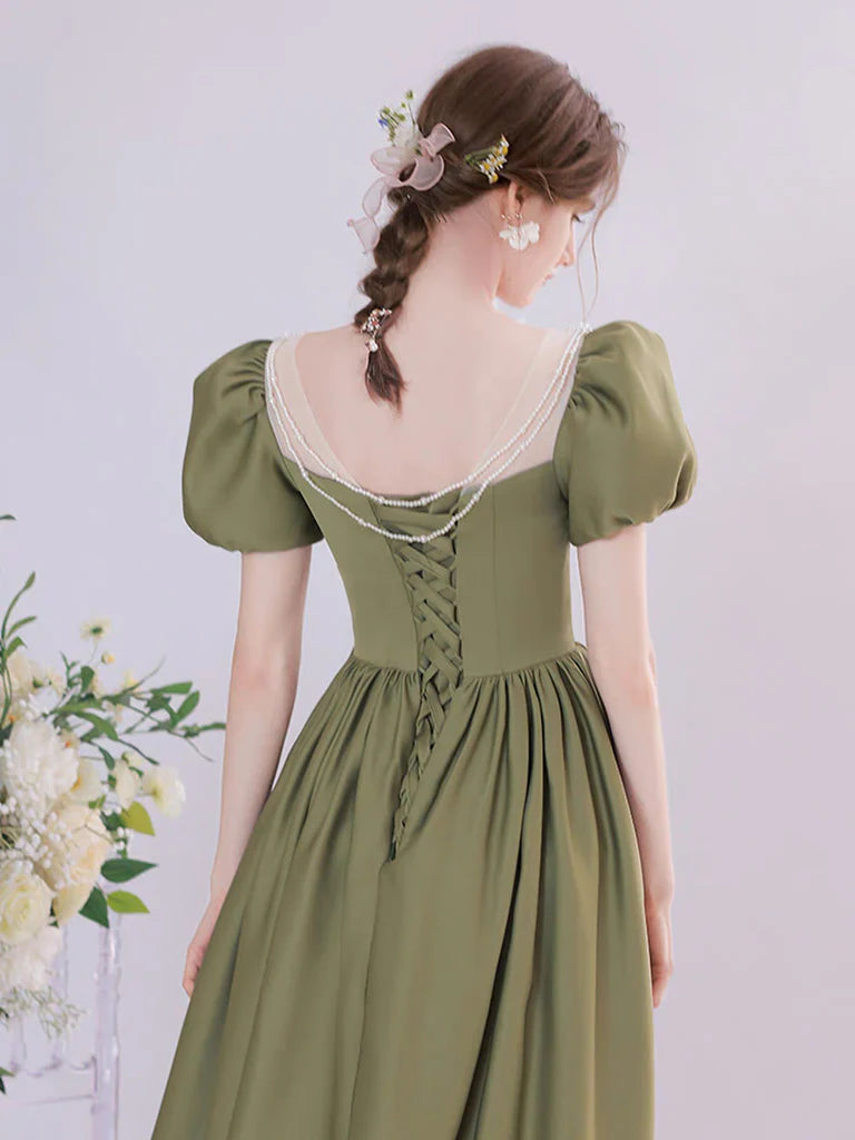 A-Line Green Satin Tea Length Prom Dress Green Long Formal Dress