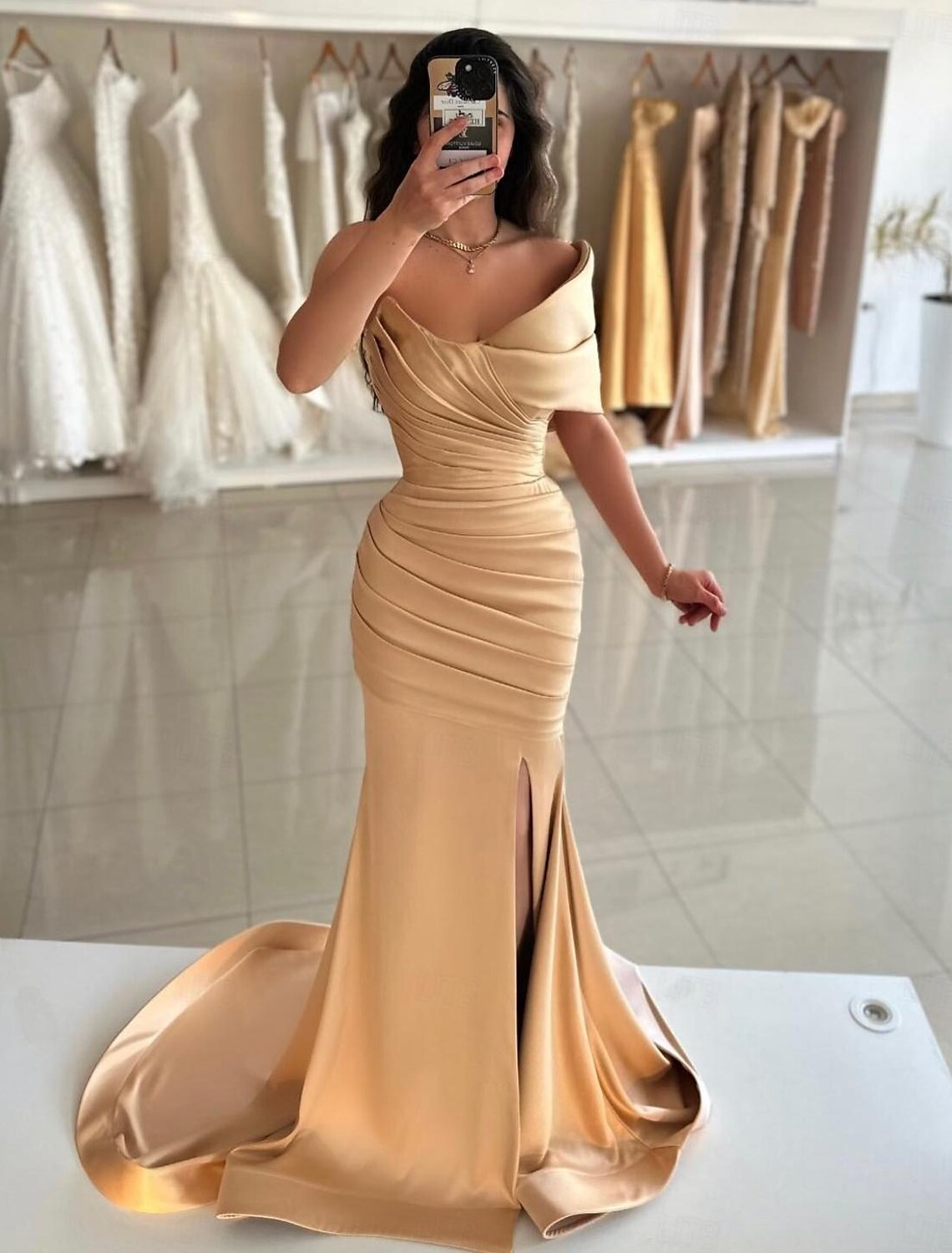 Mermaid Prom Dresses Elegant Dress Formal Prom Floor Length Sleeveless Off Shoulder Satin with Ruched Slit Masquerade Dress
