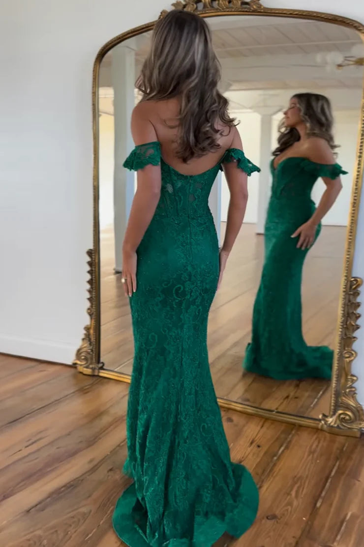 Elegant Mermaid Sweetheart Deep Green Lace Long Ball Dress with Beads