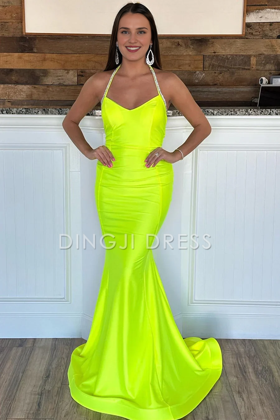 DingJiDress Sexy Mermaid Halter Open Back Long Satin Charming Prom Dress