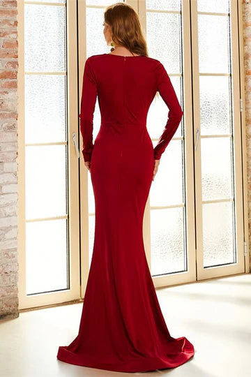 Burgundy Queen Anne Long Sleeve Mermaid Long Evening Dress