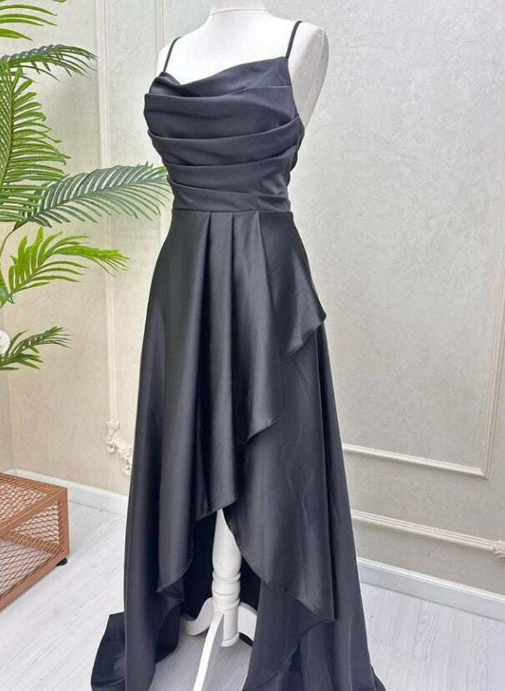 Black Soft Satin High Low Party DressBlack Straps Homecoming Dress