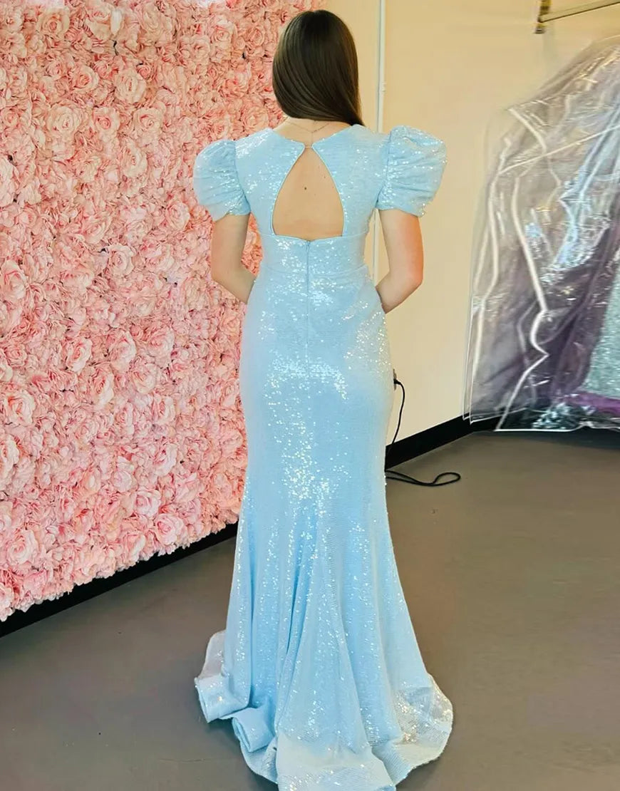 Blue long slit sequin mermaid bubble sleeve dance dress