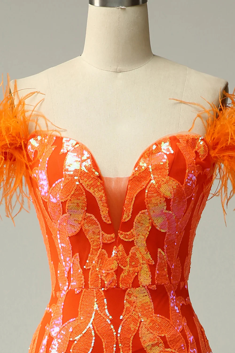 DingJiDress Orange Sequins Off the Shoulder Mermaid Prom Dress with Feathers
