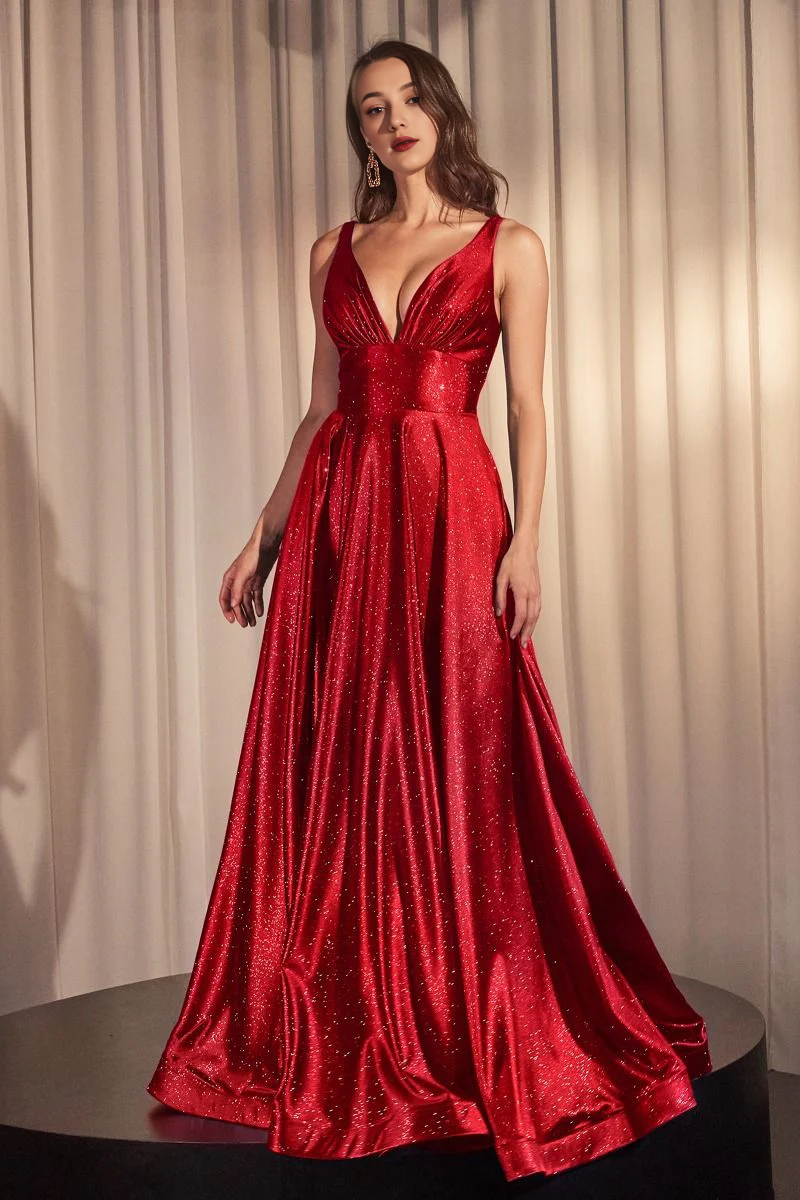 DingJiDress November December Wedding Guest Dress A-Line V-Neckline Sleeveless Floor Length Skirt Glitter Stretch Satin Elegant Formal Unforgettable Impression Party Dress