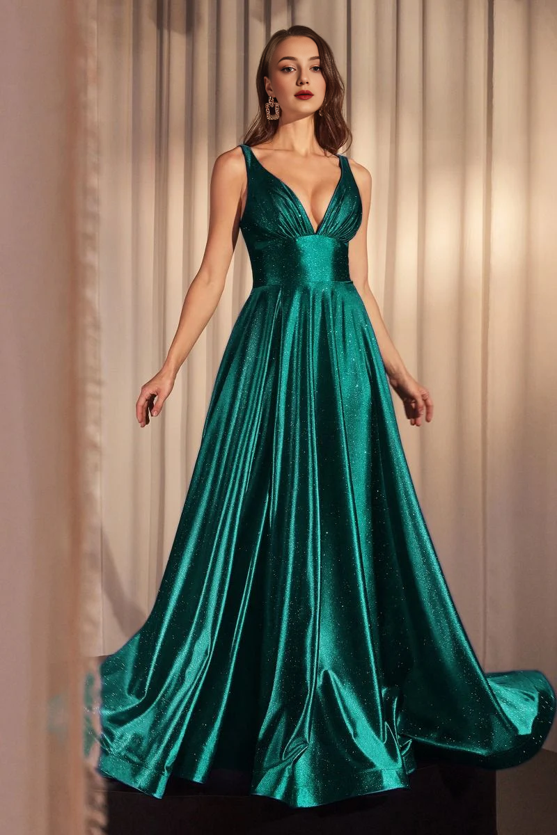 DingJiDress November December Wedding Guest Dress A-Line V-Neckline Sleeveless Floor Length Skirt Glitter Stretch Satin Elegant Formal Unforgettable Impression Party Dress
