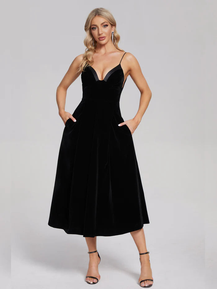 Elegant A-Line V-Neck Spaghetti Straps V back Tea-Length Velvet Prom Dresses