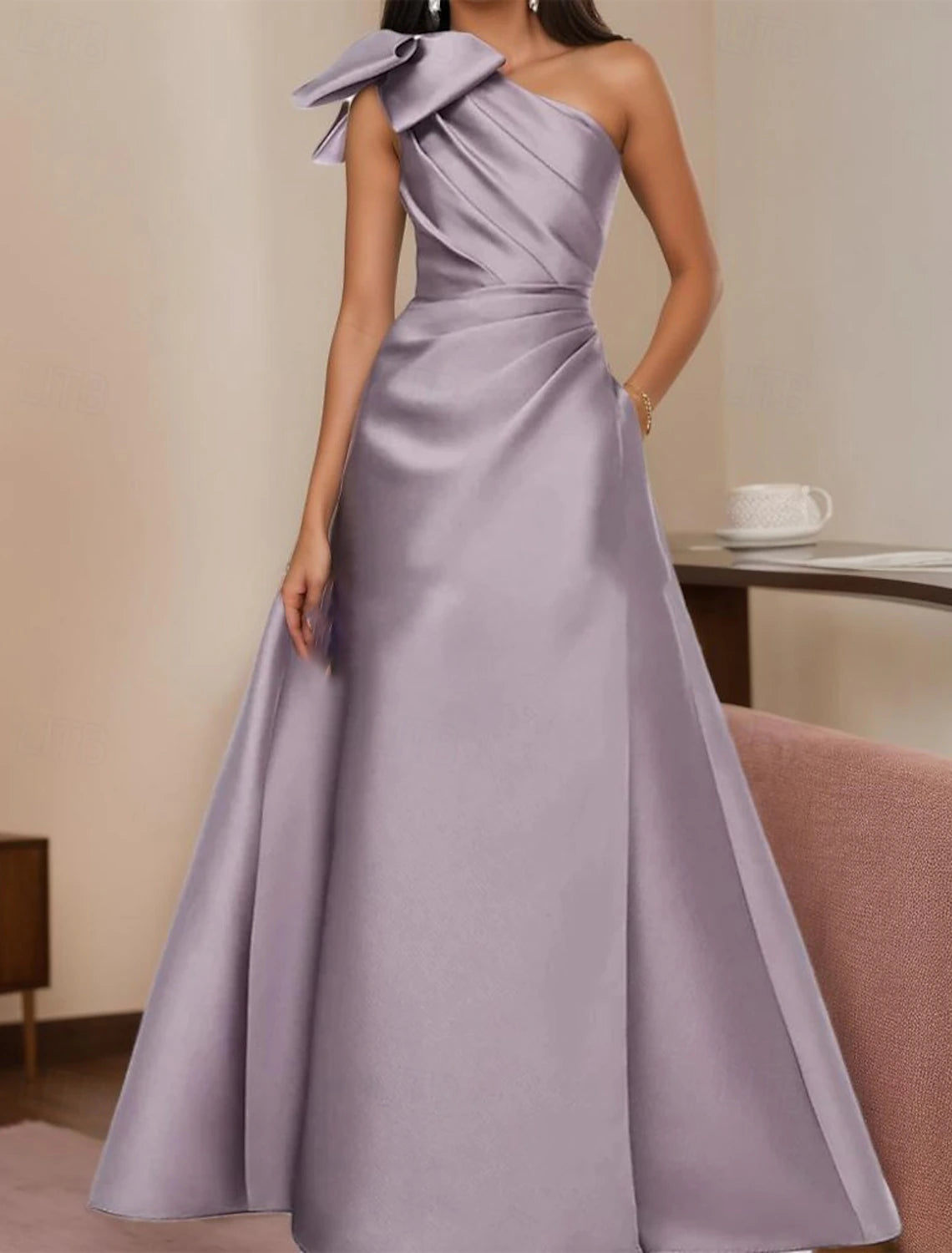 A-Line Evening Gown Elegant Dress Formal Evening Party Floor Length Sleeveless One Shoulder Satin with Bow(s) Pleats