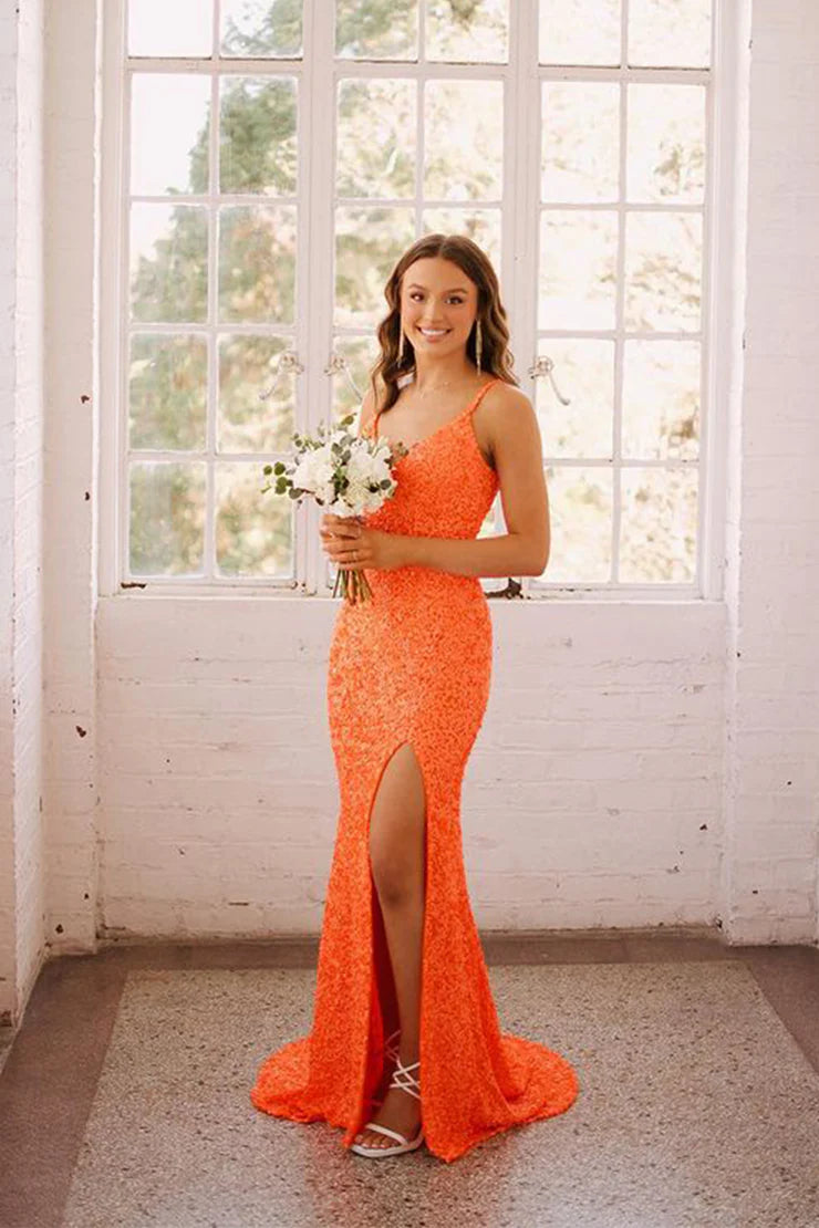 V Neck Straps Orange Sequins Prom Dresses with Slit