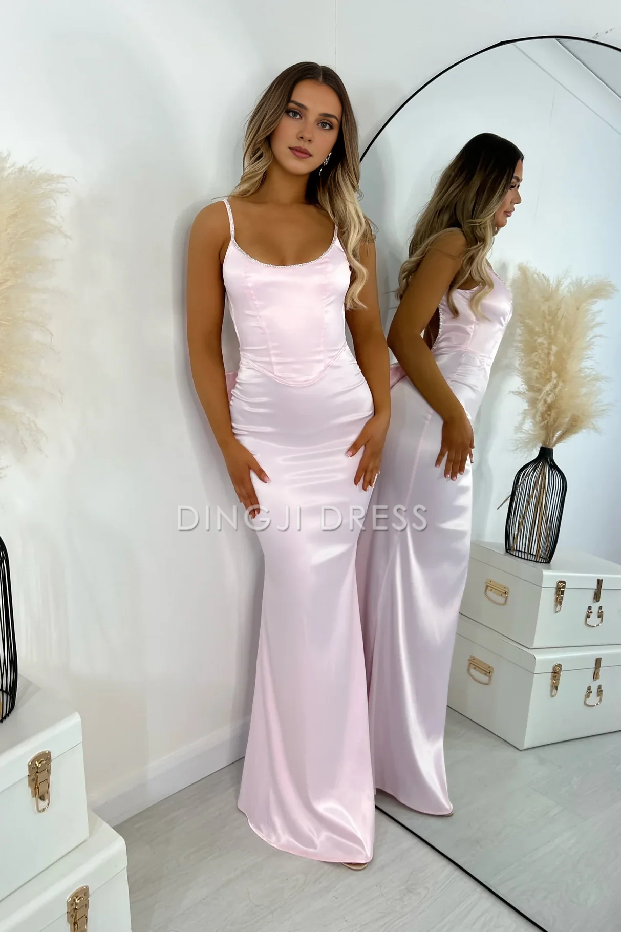 DingJiDress Gorgeous Mermaid Spaghetti Straps Long Backless with Bowknot Personality Prom Dress