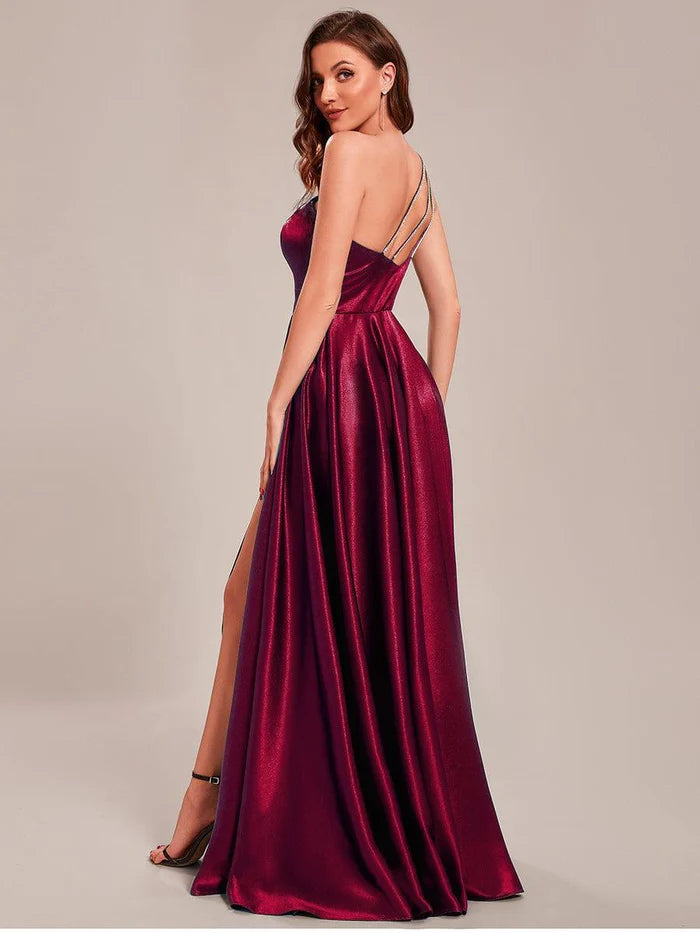 One Shoulder Long Satin A Line Prom Dress