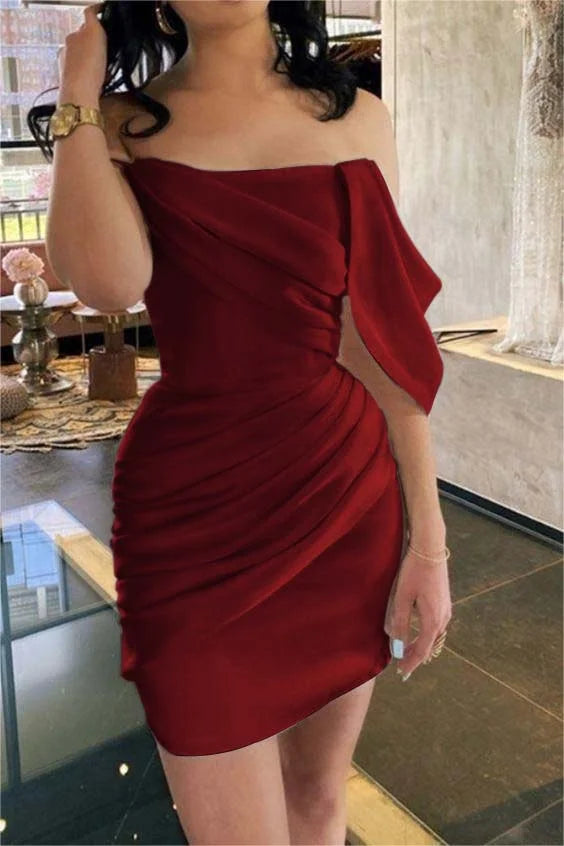 Charming White Satin One Shoulder Strapless Pleated Mini Homecoming Dress