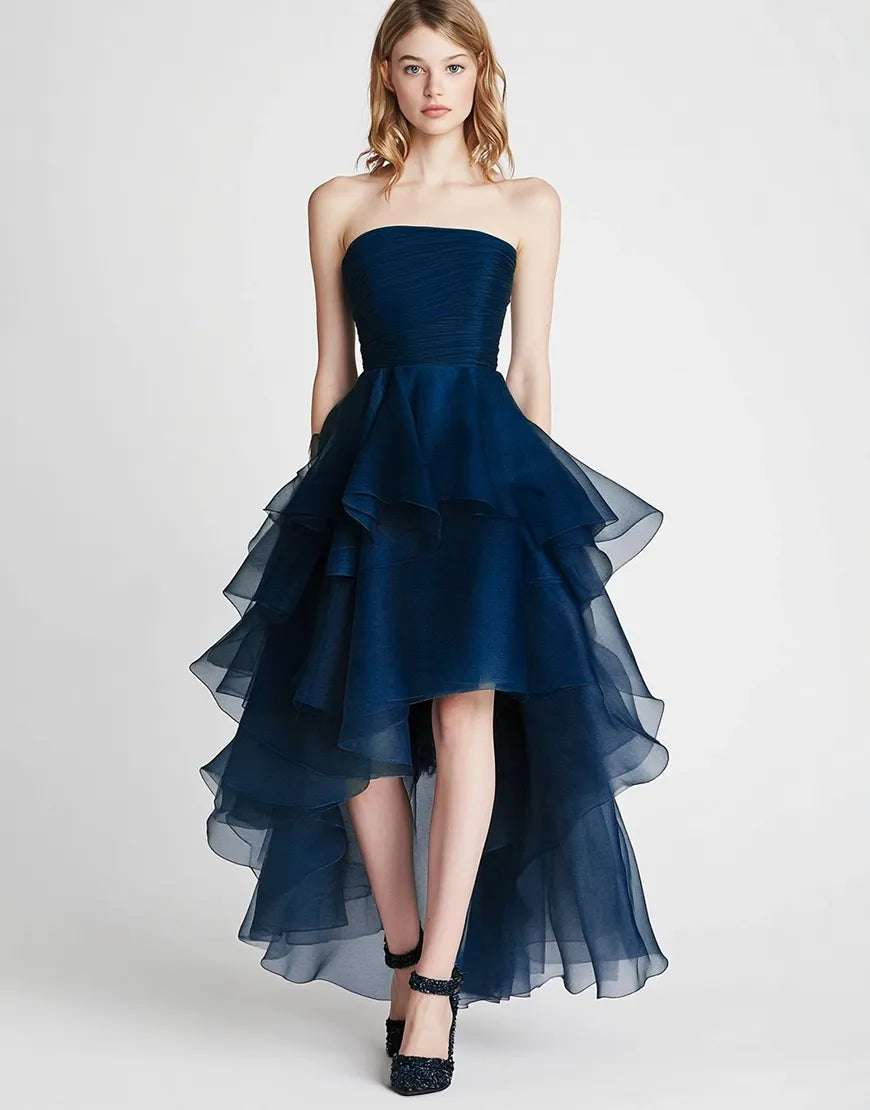 Elegant navy blue sheer strapless long party dress dress