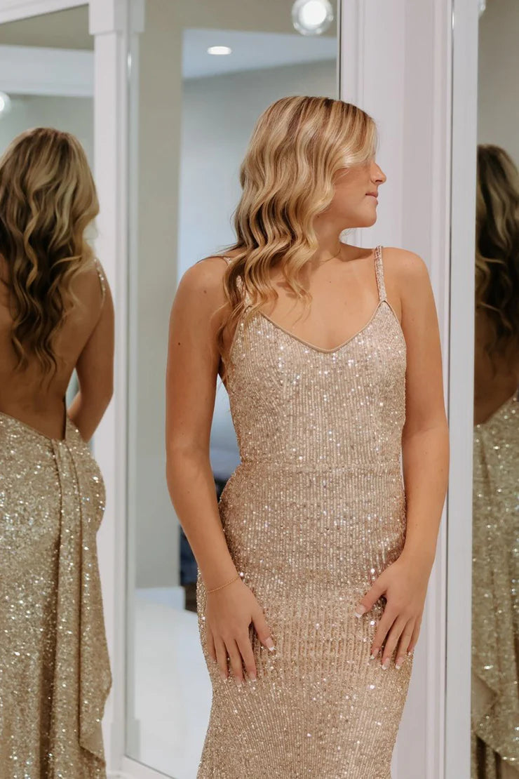 Charming Mermaid V Neck Champagne Sequins Long Prom Dresses
