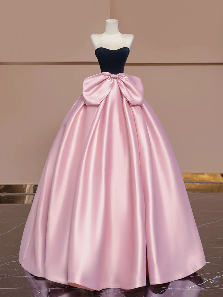 A-Line Sweetheart Neck Satin Velvet Pink Long Prom Dress Pink Long Formal Dress