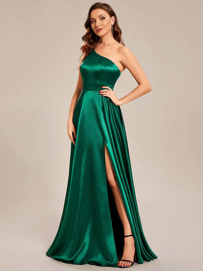 One Shoulder Long Satin A Line Prom Dress