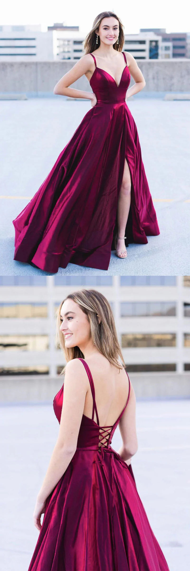 Simple burgundy satin long prom dress burgundy formal dress