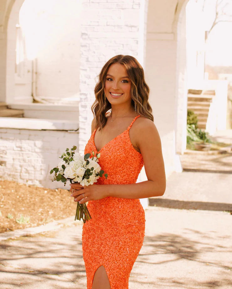 V Neck Straps Orange Sequins Prom Dresses with Slit