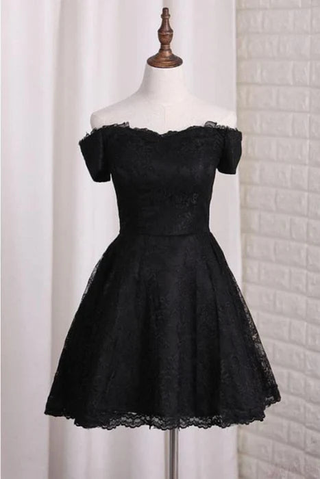 Black Off Shoulder Lace Homecoming Dress A Line Cheap Short Graduation Dresses