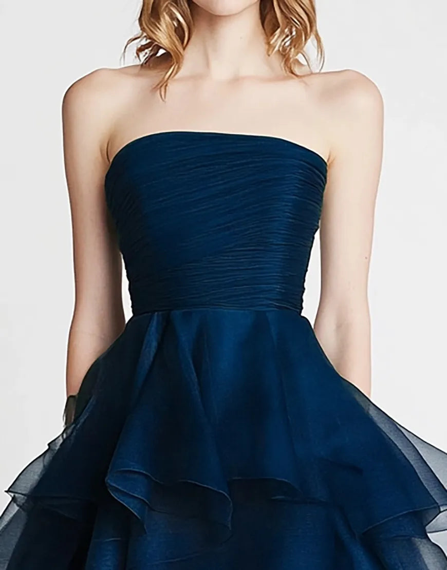 Elegant navy blue sheer strapless long party dress dress