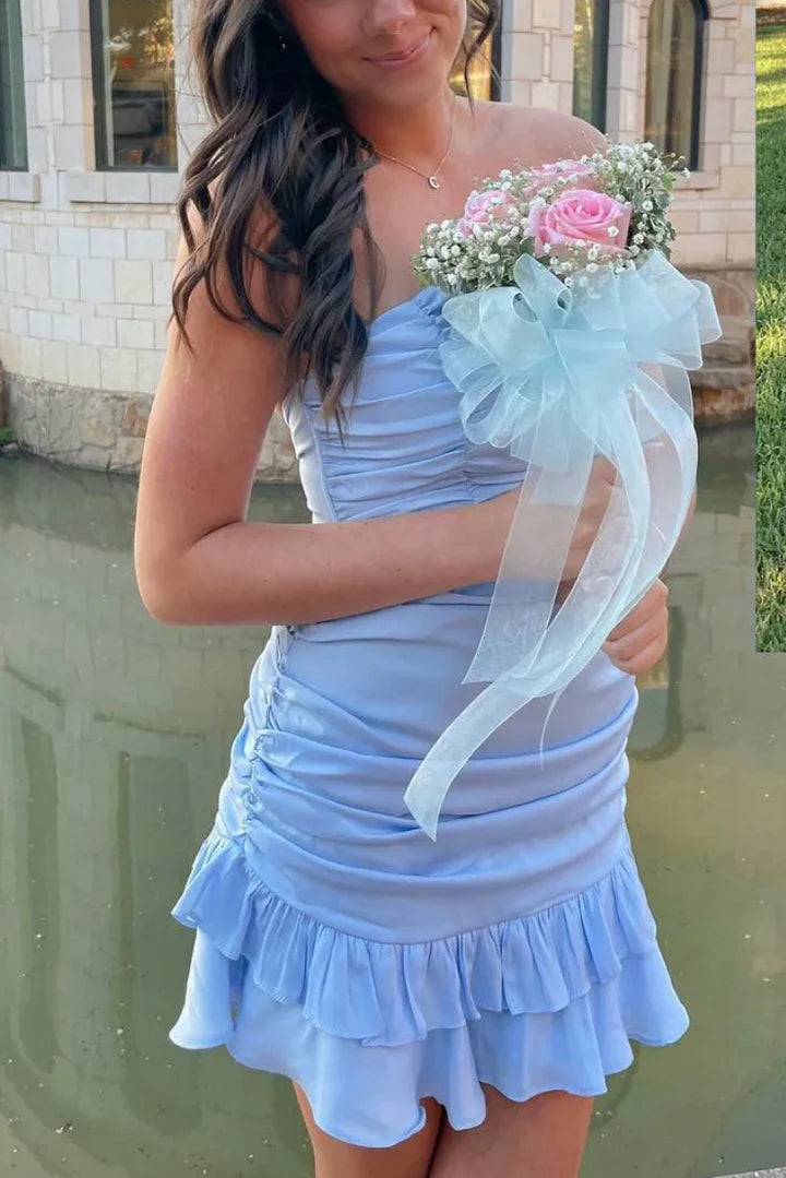 Strapless Pleated Satin Sleeveless Ruffles Mini Cocktail Homecoming Dress
