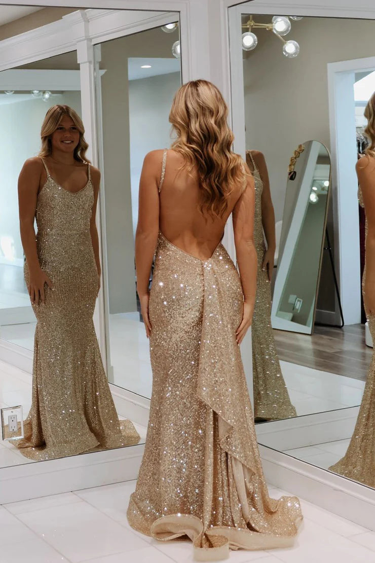 Charming Mermaid V Neck Champagne Sequins Long Prom Dresses