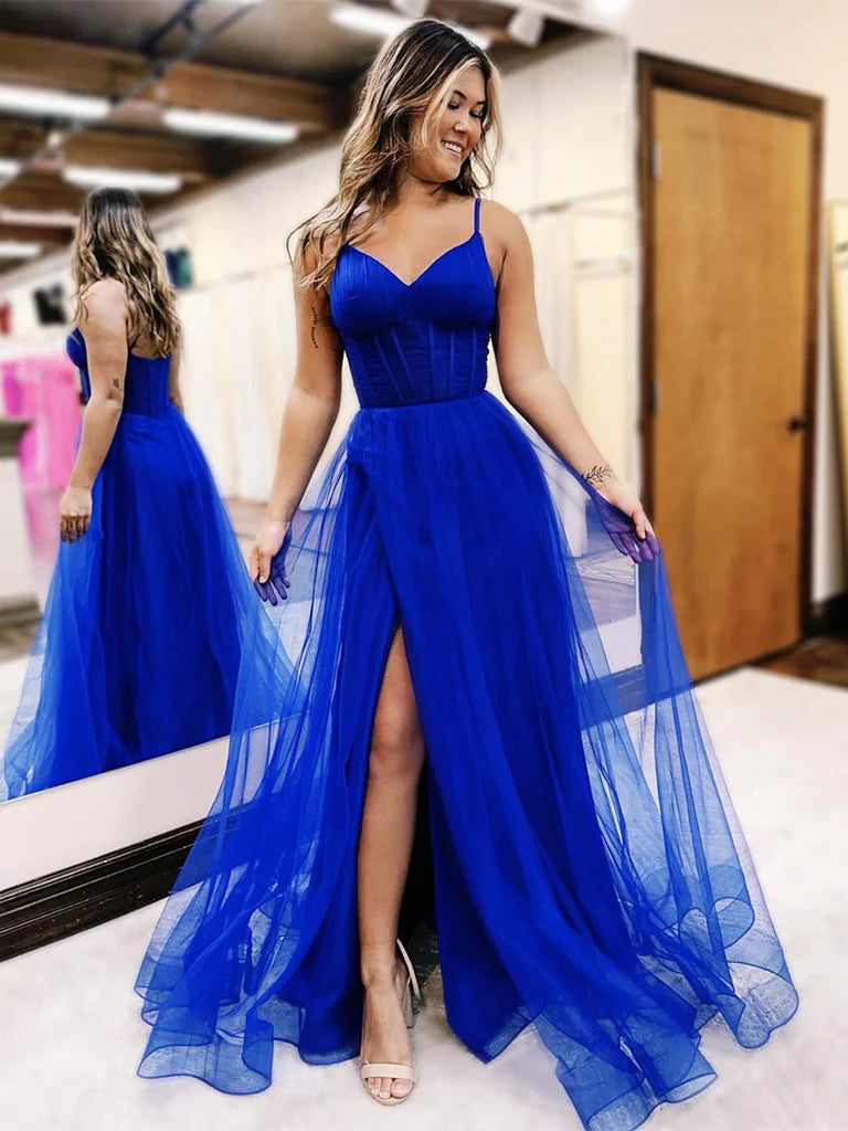 A-Line V Neck Tulle Blue Long Prom Dress Blue Tulle Long Formal Dress