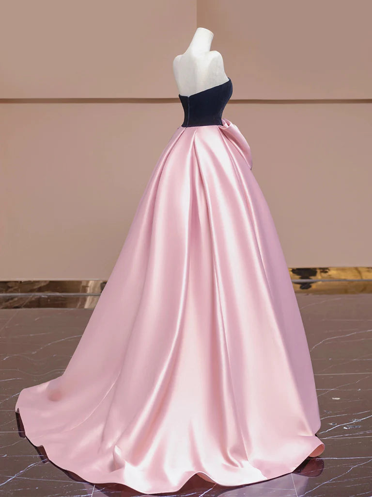 A-Line Sweetheart Neck Satin Velvet Pink Long Prom Dress Pink Long Formal Dress