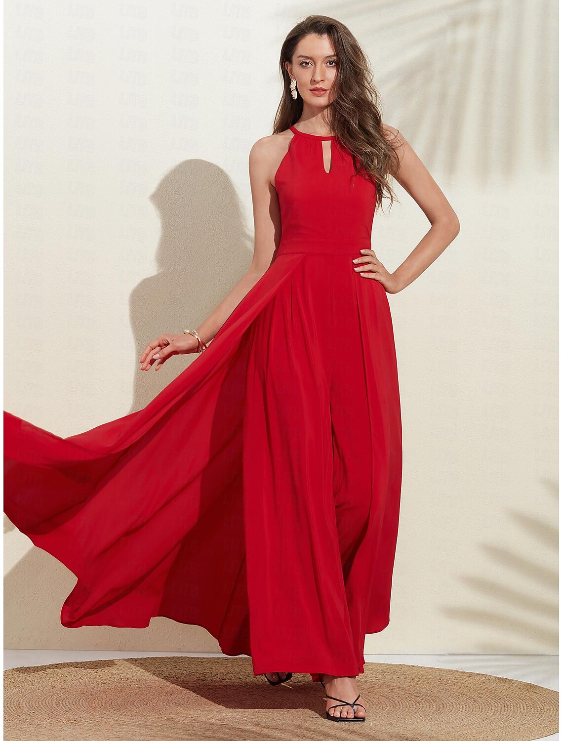 Women's Wedding Guest Wear Cocktail Party Red Semi Formal Elengant Romantic Halter Neck Open Back Jumpsuit dress to impress