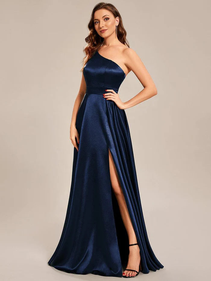 One Shoulder Long Satin A Line Prom Dress