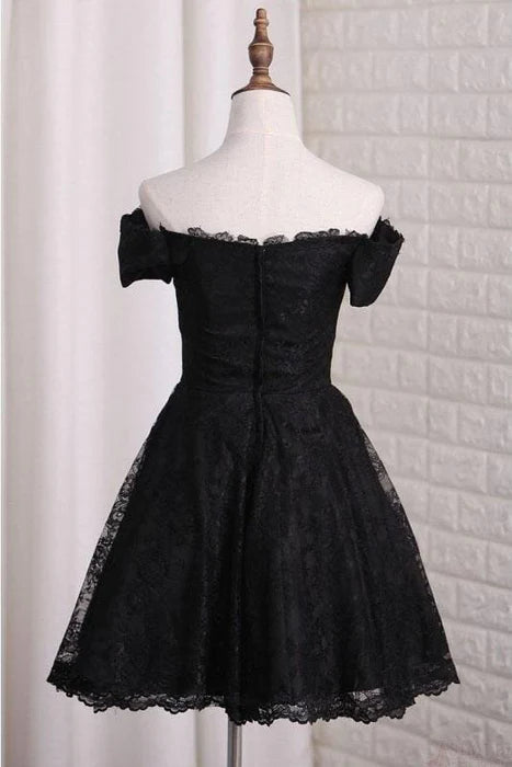 Black Off Shoulder Lace Homecoming Dress A Line Cheap Short Graduation Dresses