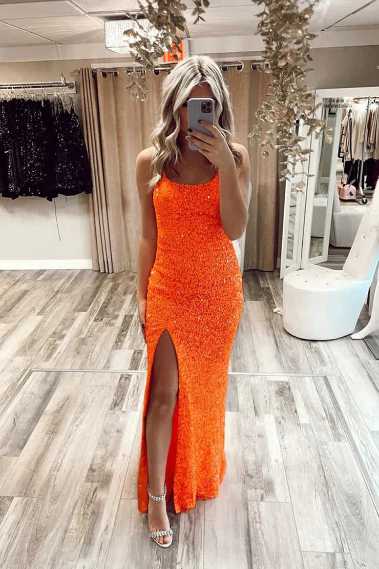Sparkly Mermaid Scoop Neck Orange Sequins Long Prom Dresses with Slit
