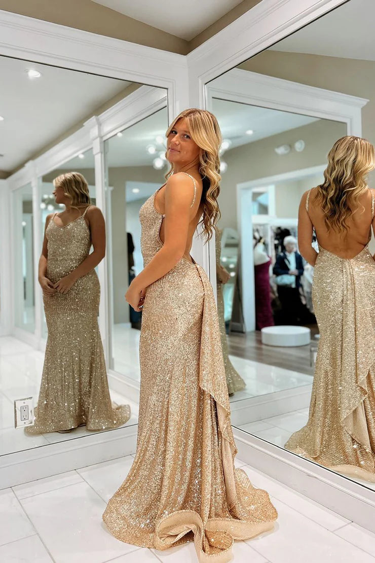 Charming Mermaid V Neck Champagne Sequins Long Prom Dresses