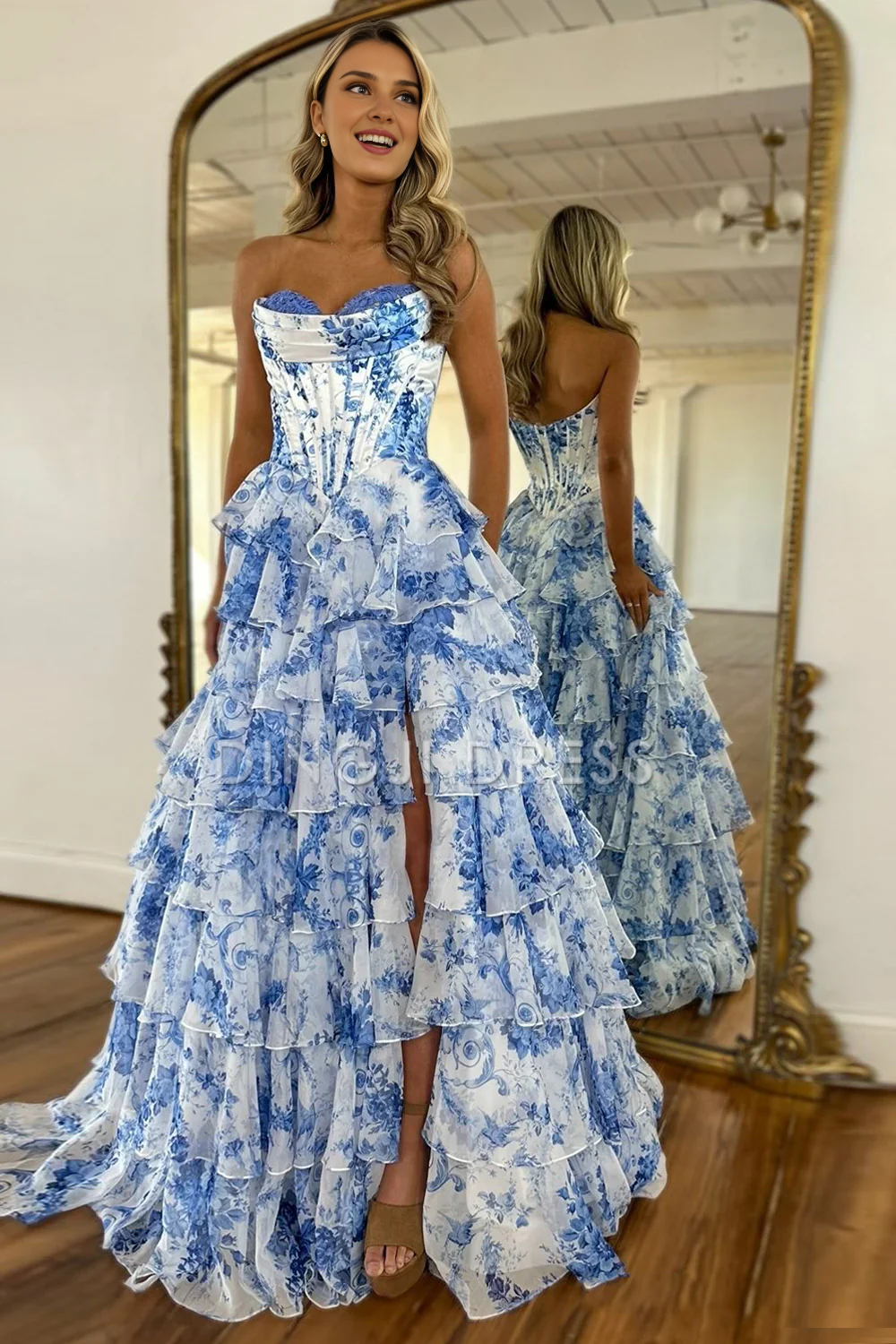 DingJiDress Romantic A-Line Sweetheart Long Print Tulle with Slit Retro Prom Dress