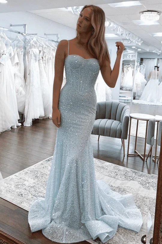 Charming Mermaid Sweetheart Light Sky Blue Sequins Long Prom Dresses