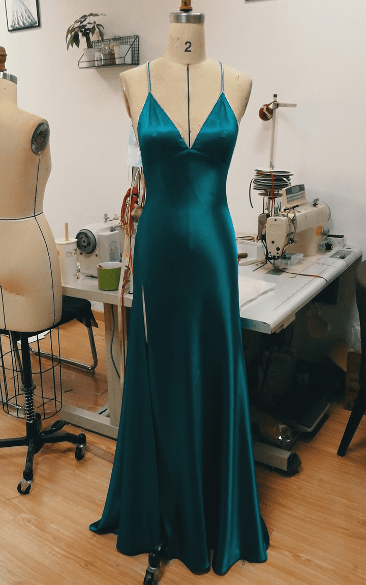 Teal Blue Satin Cross Back Long Wedding Party DressTeal Blue Prom Dress
