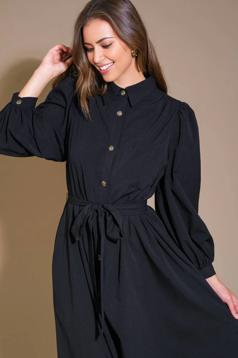 DingJiDress November December Wedding Guest Dress Solid Woven Midi Dress Featuring Shirt Collar Long Sleeve Button Down Side Pockets Self Sash Tie Formal Party Dress