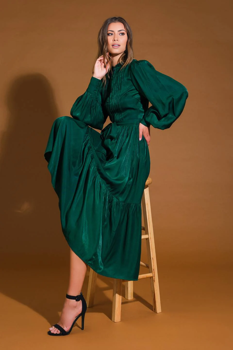 DingJiDress November December Wedding Guest Dress Featuring Round Neckline Long Sleeve With Cuff Bodice Pleating Detail Self Sash Tie Button Down Ruffled Hemline Formal Party Dress