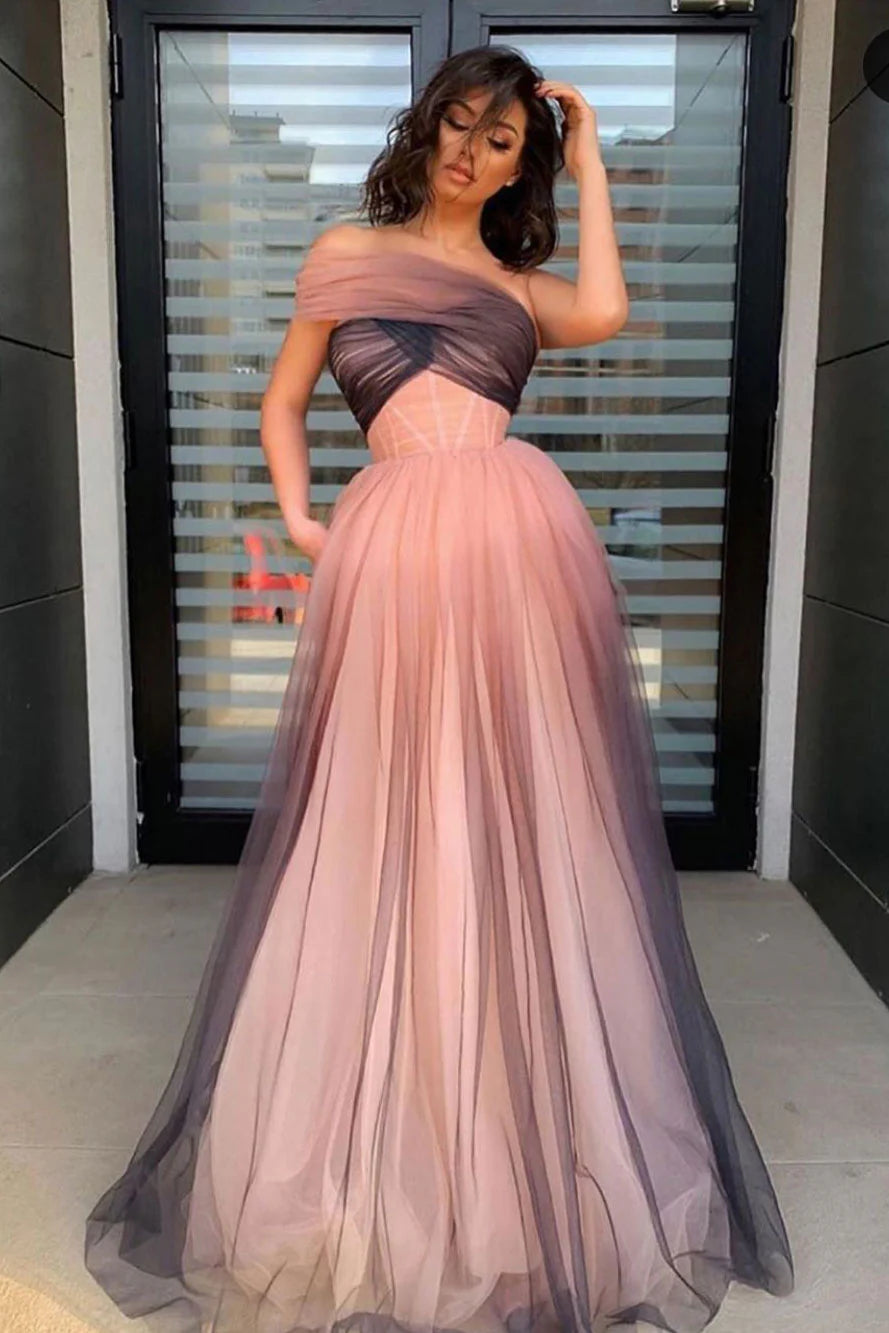 Unique A-line tulle long prom dress tulle formal dress