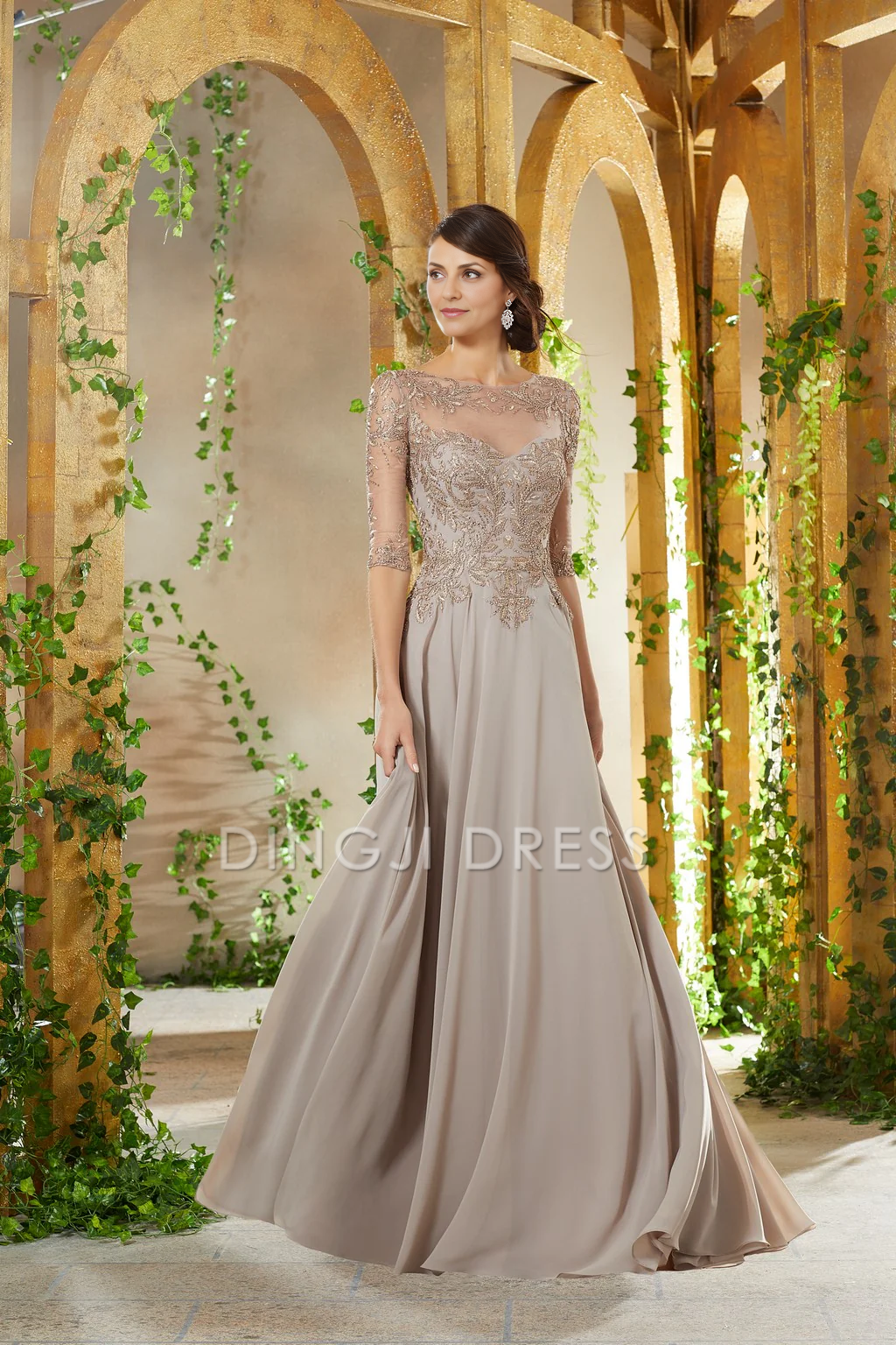 DingJiDress Evening Dress Exquisite A Line Half Sleeve Lace Applique Retro Long Mother Of The Bride Dress