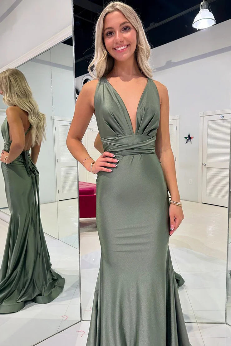 Charming Mermaid V Neck Oilve Green Evening Prom Dresses