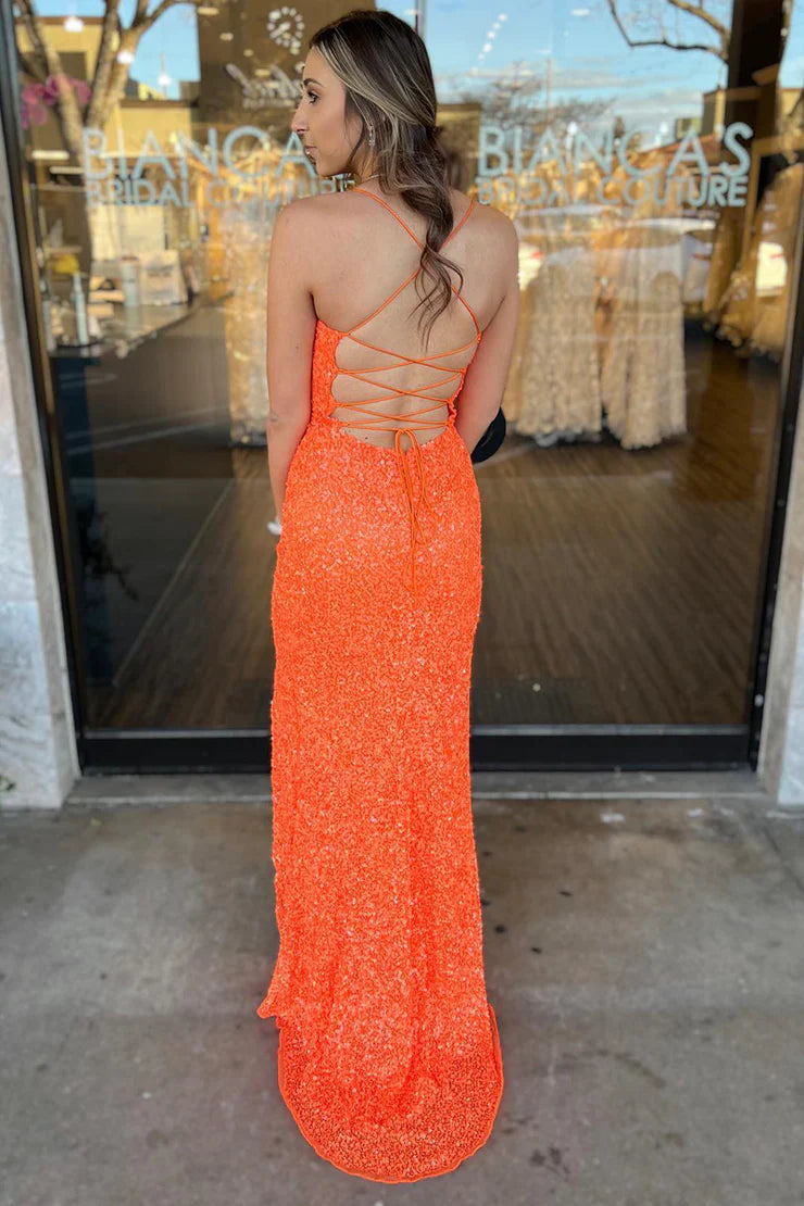 Sparkly Mermaid Scoop Neck Orange Sequins Long Prom Dresses with Slit