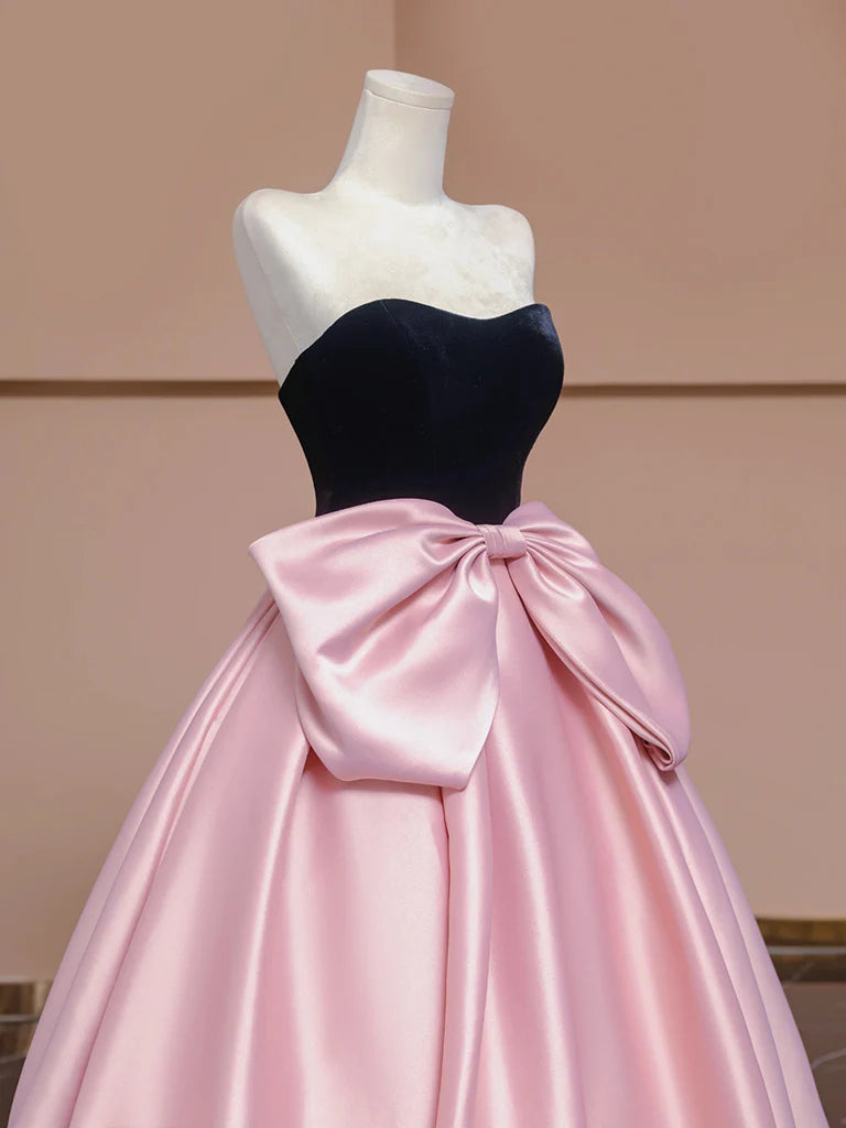 A-Line Sweetheart Neck Satin Velvet Pink Long Prom Dress Pink Long Formal Dress