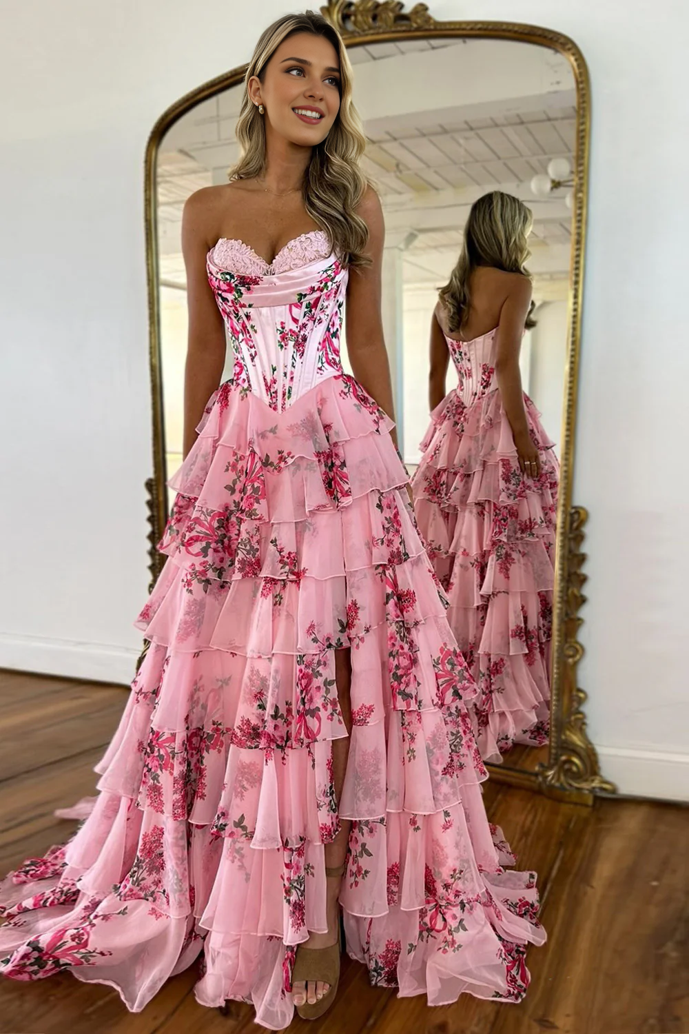 DingJiDress Romantic A-Line Sweetheart Long Print Tulle with Slit Retro Prom Dress