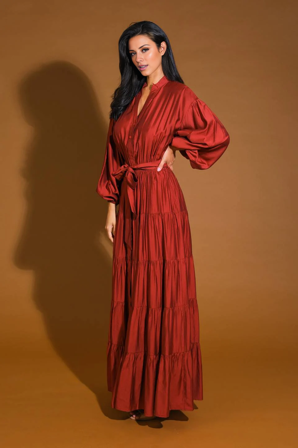 DingJiDress November December Wedding Guest Dress V Neckline Long Sleeve Button Down Elasticized Waist With Self Sash Tie Formal Party Dress
